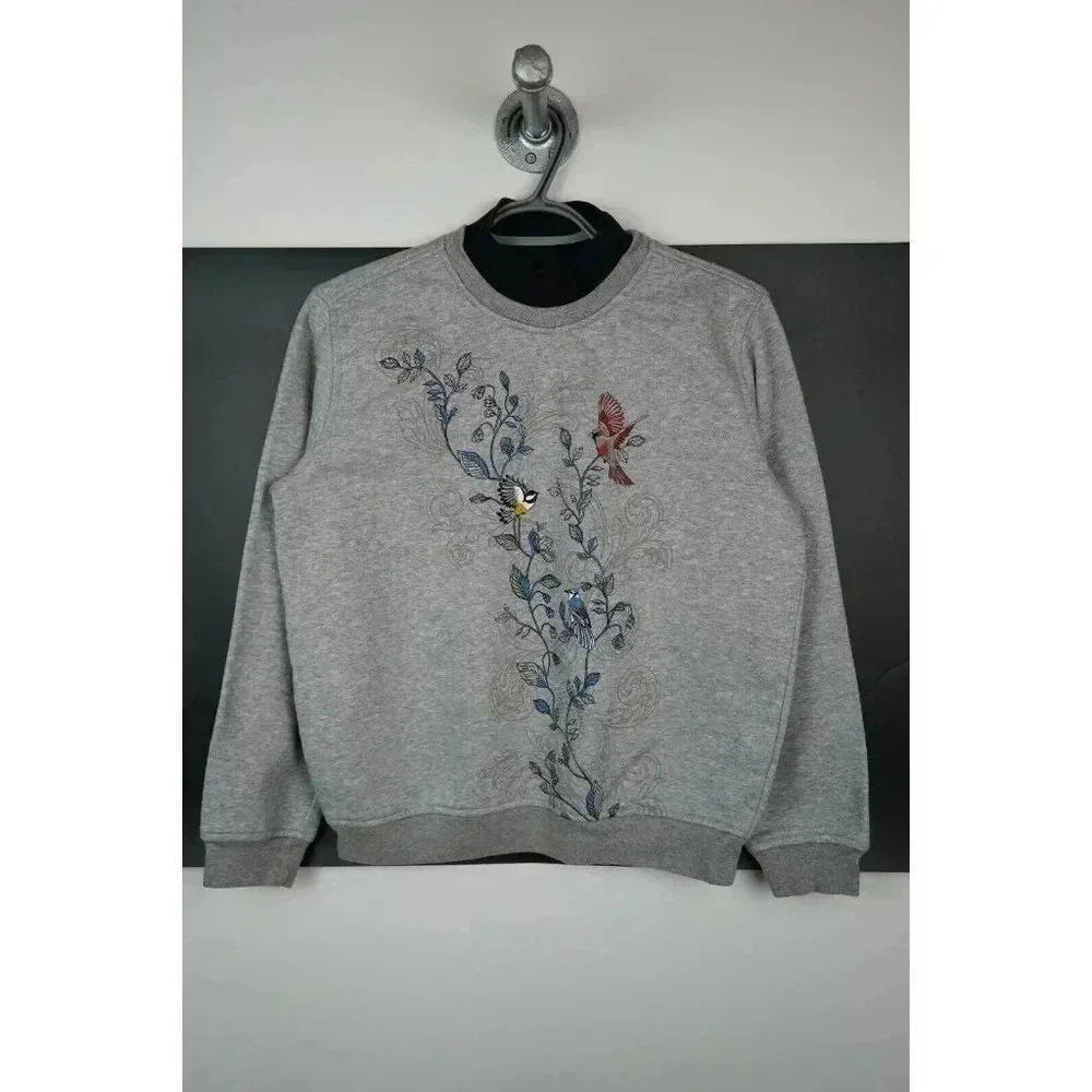Double-Neck Sweater Flower & Bird Art Gray Women's S #641